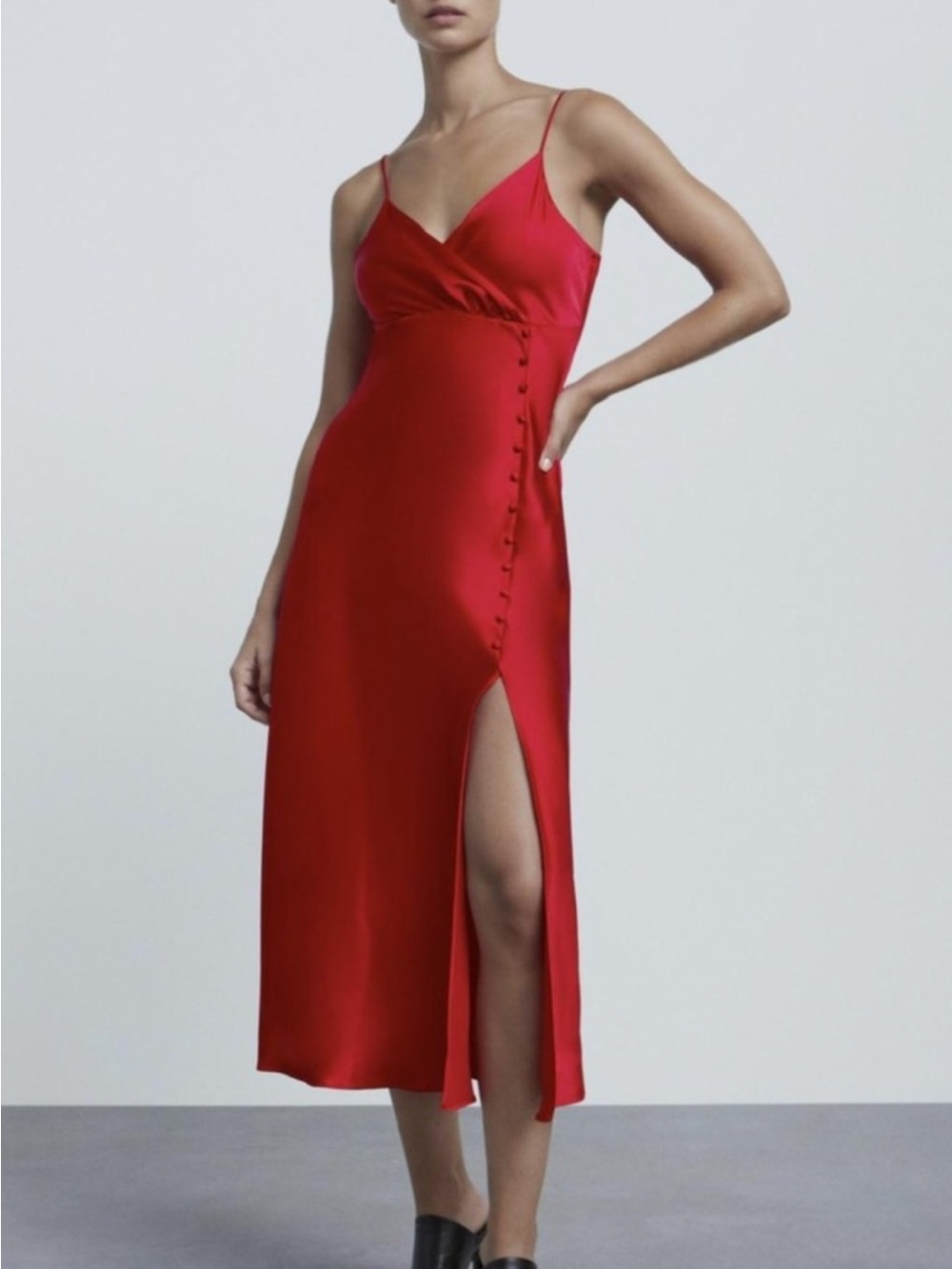 Zara Red Satin Slip Dress with Spaghetti Straps